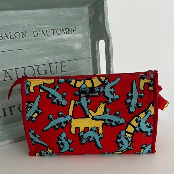 Marimekko Red Toiletry Pouch with Blue and Yellow Lizard Animal Print - Picture 1 of 10